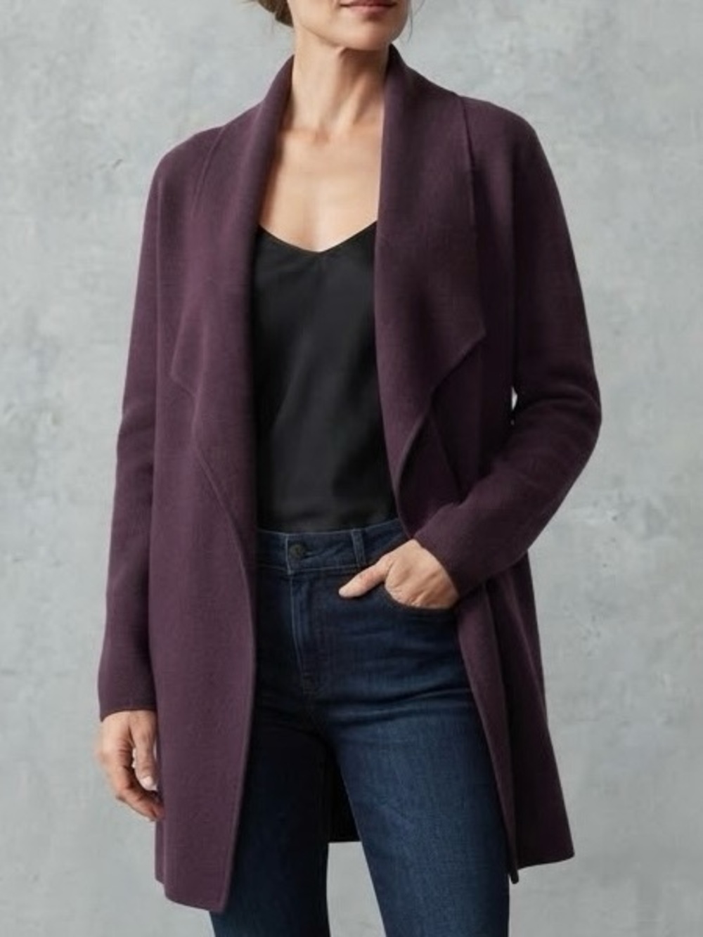 Eileen Fisher Plum 100% Wool Open Front Cascade Cardigan Italian Yarn
